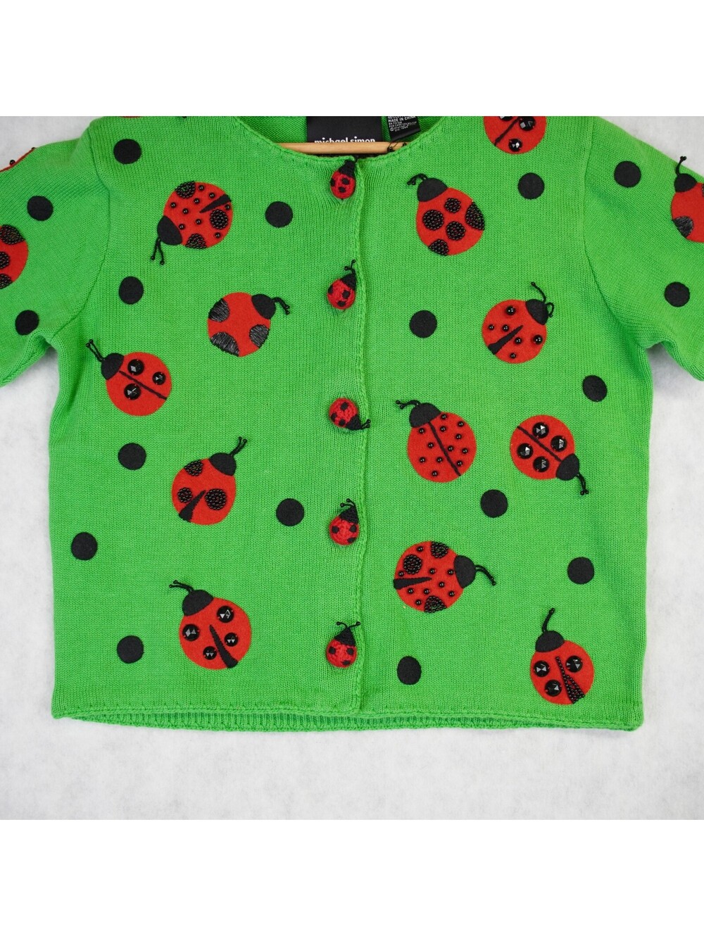 Michael Simon Women Cropped Cardigan Sweater Size Small Green Ladybug Print NWT - Picture 4 of 15